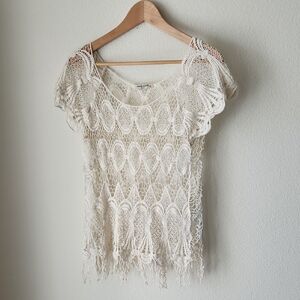Vivid Collection Elegant Lace Crochet Short Sleeve Blouse in Cream Sz M Cottage